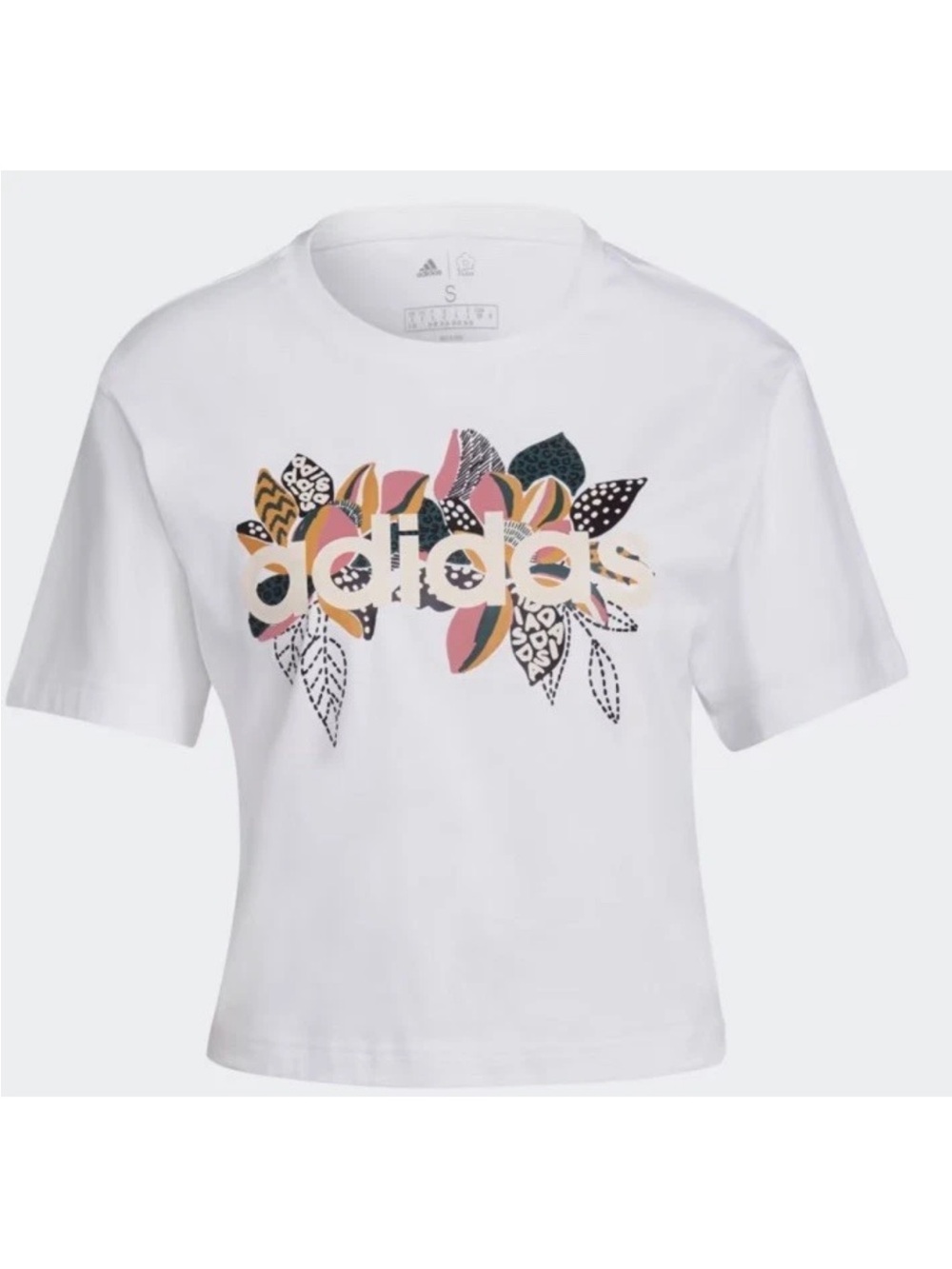 NWT Adidas x Farm Rio Floral Print Boyfriend Cropped Cotton T-Shirt Size Small S